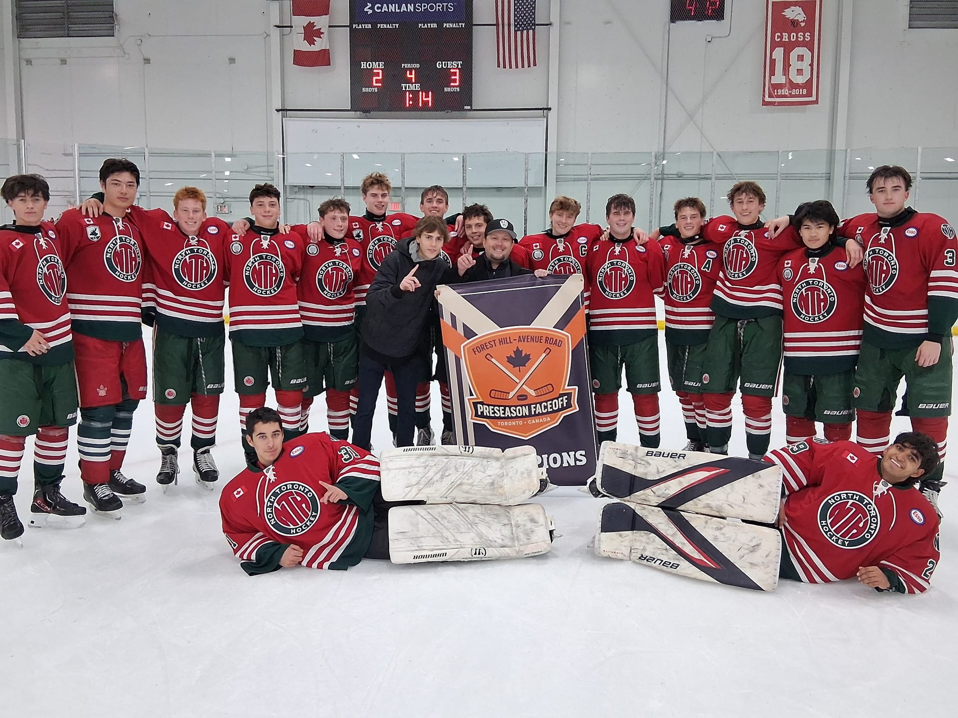 NT U17 A Green team celebrates on the ice with the Canlan Preseason Faceoff championship banner